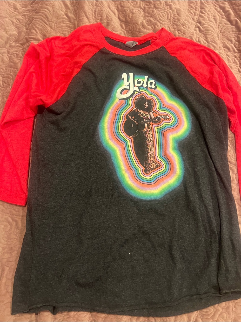 Women’s Black & Red Raglan Graphic Tee with Rainbow Music Print